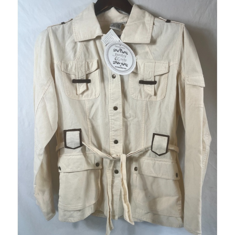 Parsley & Sage Women's Cream Safari Belted Jacket Faux Leather Trim Size L NWT